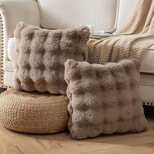 Pack of 2 Thick Plush Throw Pillow Covers Fluffy Wave Faux Fur Decorative Cushion Covers Soft Wool Pillowcase for Sofa Couch Livingroom 22x22 Inch Taupe