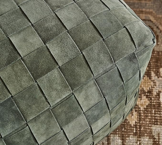 Luxury Handcrafted Suede Basketweave Pouf Ottoman – Soft & Durable Floor Cushion, Footrest, and Accent Seating for Living Room, Bedroom, & Office – Stylish Modern Home Décor (Hunter, 18" x 18" x 14")