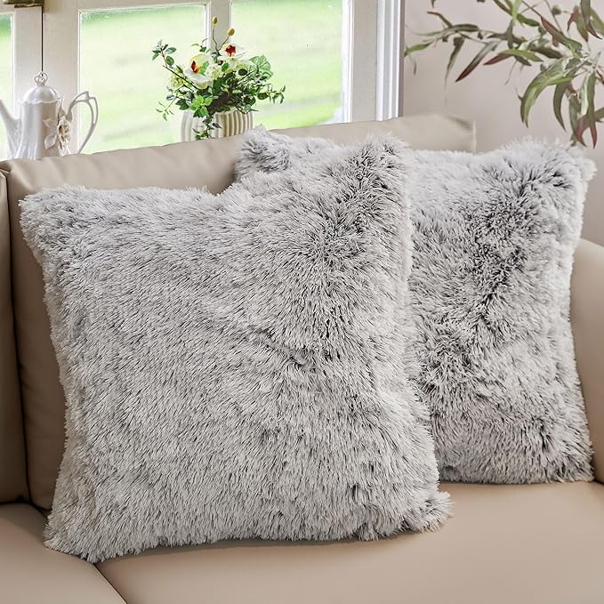 Cheer Collection Throw Pillows for Couch and Bed, Soft Shaggy Throw Pillows with Inserts Included, Cozy Long Hair Faux Fur Pillows - Set of 2-22" x 22" Gray