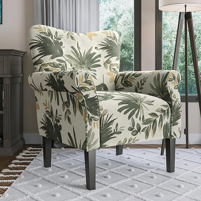 BELLEZE Modern Accent Chair, High Back Armchair, Upholstered Wingback Side Chair, Padded Single Sofa with Wooden Legs for Living Room, Bedroom - Green Floral