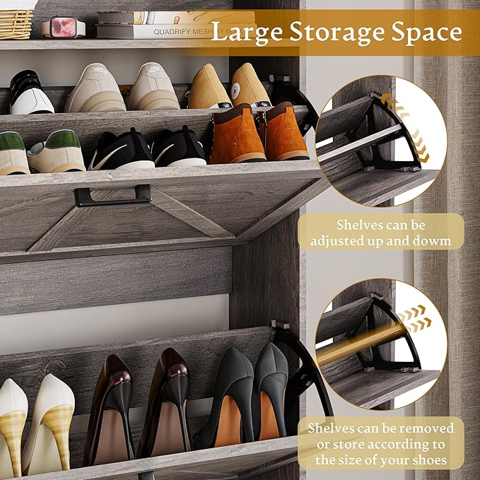 Shoe Storage Cabinet with 2 Flip Drawers, Narrow Wood Shoe Cabinet Storage for Entryway with Metal Legs & Hooks, Adjustable Shelves, Freestanding Shoe Rack Organizer for Foyer, Hallway, Grey