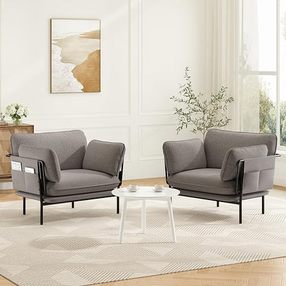 Modern Accent Chair for Living Room, Oversized Reading Chair with Solid Metal Legs, Upholstered Fabric Armchair with Side Pockets and 2 Pillows, Comfy Accent Chairs for Bedroom, Nursery, Khaki