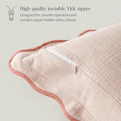 Double Stitch Scalloped Throw Pillow Covers - 100% Cotton Decorative Boho Pillow Covers 18 x 18, Made in India, Square Cushion Case, Modern Home Decor for Couch Sofa Living Room, Shell Pink