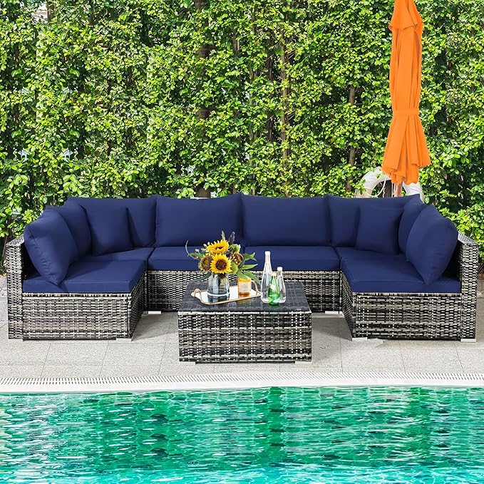 Tangkula 7 Pieces Patio Rattan Furniture Set, Patiojoy Outdoor Conversation Set with Cushions and Tempered Glass Coffee Table, All-Weather Sectional Sofa Set for Garden, Lawn, Backyard (Navy Blue)