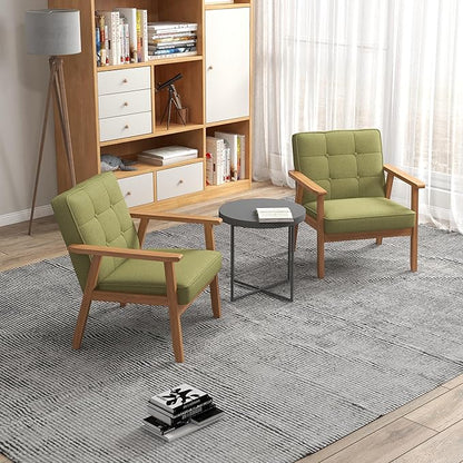 KCC Mid-Century Modern Linen Fabric Accent Chair, Upholstered Tufted Leisure Chair Comfy Reading Side Chair with Armrest and Solid Wood Frame for Living Room Bedroom Balcony(Green)