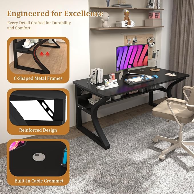 StarGraph Computer Desk 47'' Large Home Office Desk with Sturdy Metal Frame U Shaped Modern Computer Desks with Storage Study Writing Office Work from Home Desks (Black, 47 inch)