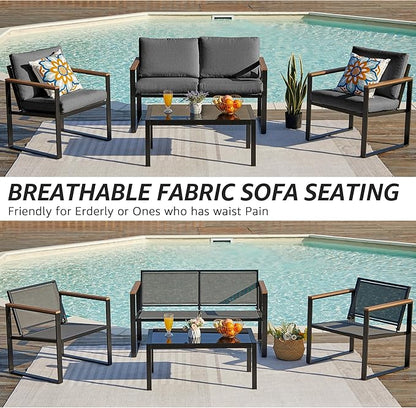 NATURAL EXPRESSIONS 4 Pieces Patio Furniture Sets,Metal Outdoor Patio Furniture Sets,Outdoor Sectional Patio Conversation Set,Wooden Anti-Scald Armrest,Sling Mesh,4" Olefin Cushions Dark Grey