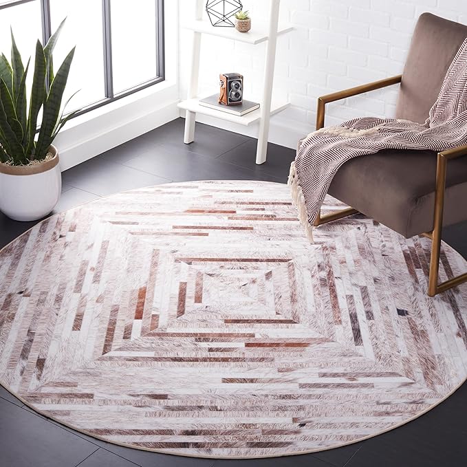 SAFAVIEH Washable Rug Faux Hide Collection - 6' Round, Beige & Brown, Slip Resistant, Western Rustic Decor, Printed Pattern, Ideal for Living Room, Bedroom, Home Office, Dining Space (FAH526A)