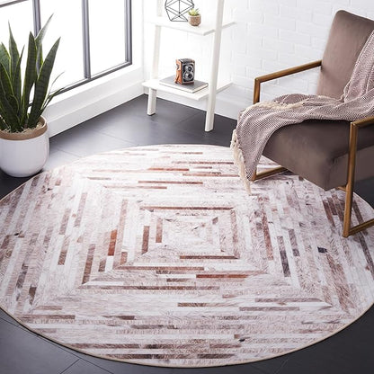 SAFAVIEH Washable Rug Faux Hide Collection - 6' Round, Beige & Brown, Slip Resistant, Western Rustic Decor, Printed Pattern, Ideal for Living Room, Bedroom, Home Office, Dining Space (FAH526A)