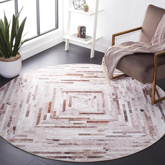 SAFAVIEH Washable Rug Faux Hide Collection - 8' Round, Beige & Brown, Slip Resistant, Western Rustic Decor, Printed Pattern, Ideal for Living Room, Bedroom, Home Office, Dining Space (FAH526A)
