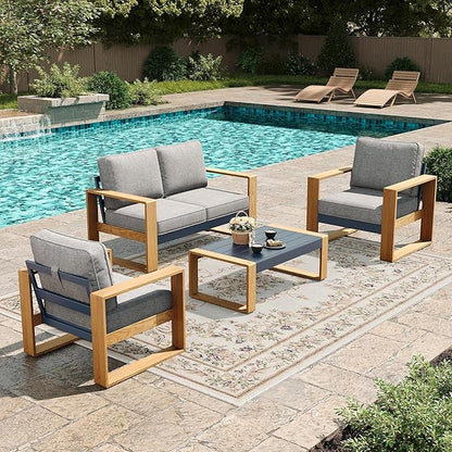 LayinSun 4 Pieces Aluminum Patio Furniture Set with Coffee Table, Oversized Seat with Hight Back, Outdoor Conversation Sets for Porch, Balcony, Deck