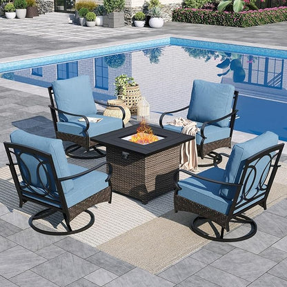 Sophia & William Patio Furniture Set with Fire Pit Table, 5 PCS Metal Outdoor Conversation Set Sofa Couch with Fire Pit Table, 4 Swivel Chairs for Outdoor Seating, Backyard, Porch(Navy)