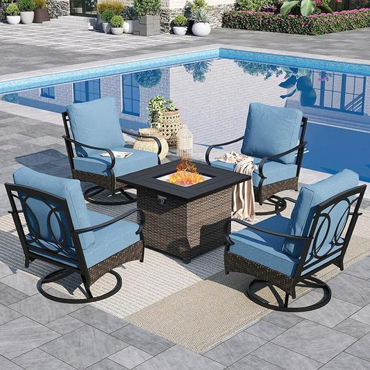 Sophia & William Patio Furniture Set with Fire Pit Table, 5 PCS Metal Outdoor Conversation Set Sofa Couch with Fire Pit Table, 4 Swivel Chairs for Outdoor Seating, Backyard, Porch(Navy)