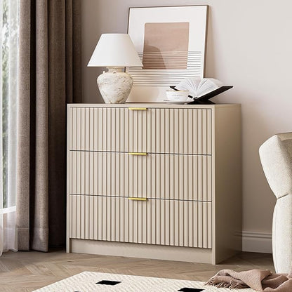 3-Piece Dresser Bedroom Set, 9 Drawer Dresser & 3 Drawer Nightstands with Gold Handles, Fluted Wood Chest of Drawers for Bedroom, Living Room, Entryway, Beige