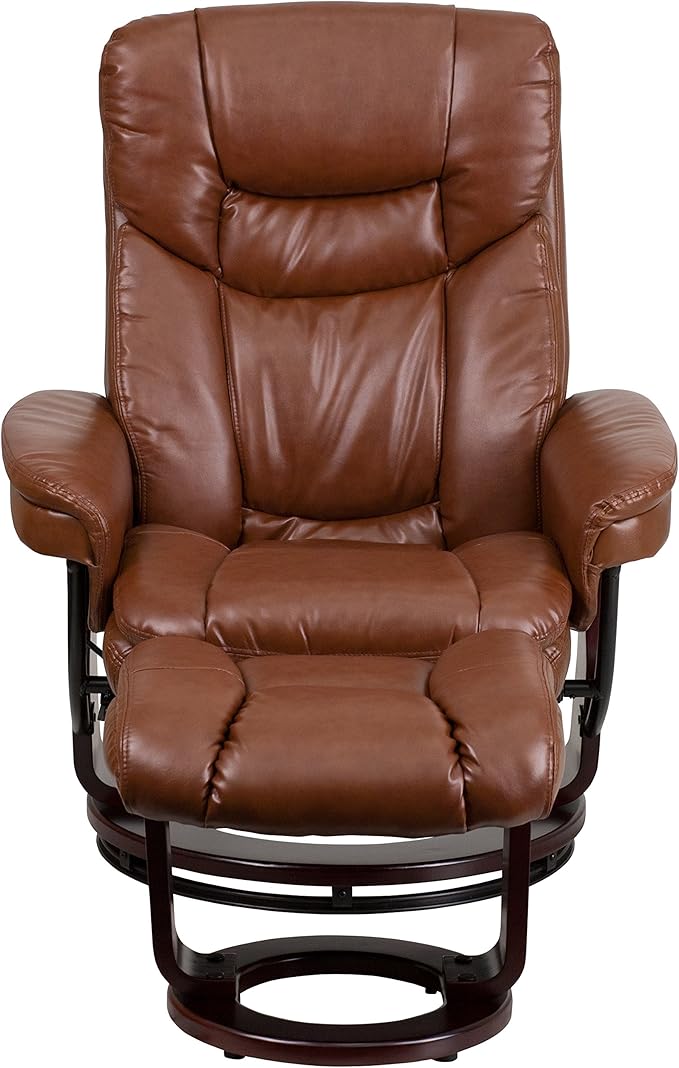 Flash Furniture Allie LeatherSoft Upholstered Recliner with Footrest, Arms, and Headrest, Padded Swivel Recliner Chair and Ottoman Set, Brown Vintage