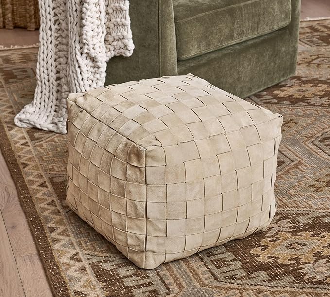 Luxury Handcrafted Suede Basketweave Pouf Ottoman – Soft & Durable Floor Cushion, Footrest, and Accent Seating for Living Room, Bedroom, & Office – Stylish Modern Home Décor (Stone, 18" x 18" x 14")