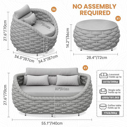 Rope Outdoor Patio Furniture Set: 6 Pieces Aluminum Porch Conversation Sofa Set - Modern Hand Woven Deck Couch Set Cushioned - No Assembly All Weather for 660lbs Yard Garden Lanai Hotel, Gray