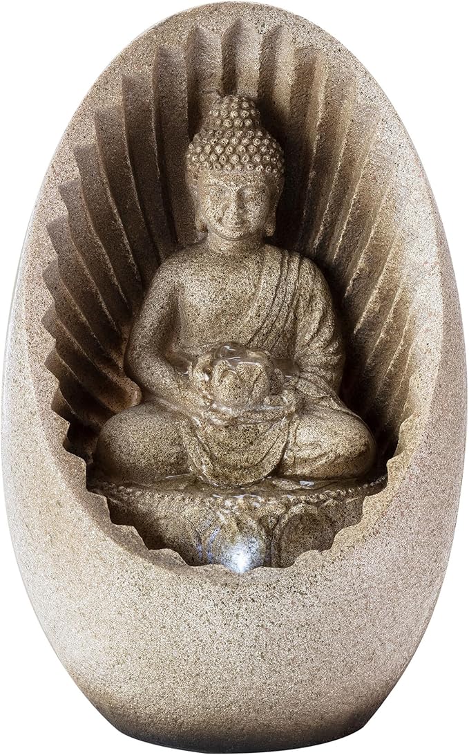 Alpine Corporation WIN322 Indoor/Outdoor Tabletop Buddha Fountain with LED Lights, Soothing Buddha Garden Fountain 11", Beige