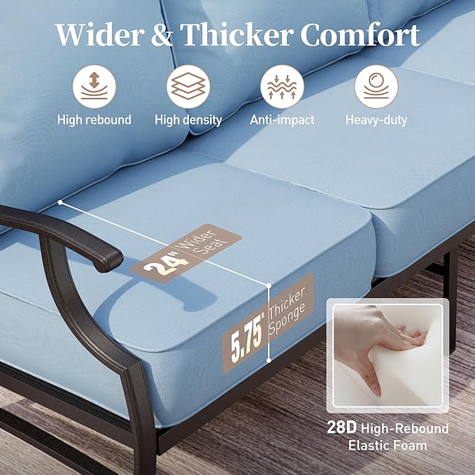 4 Piece Metal Outdoor Patio Furniture Set, Patio Conversation Sets 1 3-seater Sofa, 2 Swivel Chair with 5.75" Extra Thick Cushion and Coffee Table, Black Frame Backyard Furniture, Blue