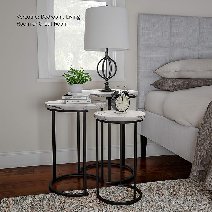 Lavish Home Nesting Tables - Set of 3 Round Side Tables for Living Room, Bedroom, or Home Office - Faux Marble End Table Set - Modern Living Room Furniture (White)