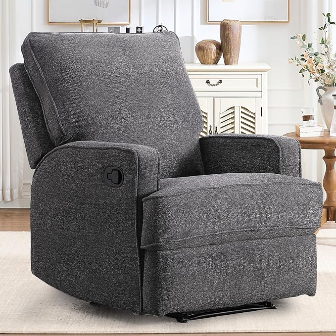 INZOY Manual Recliner with Thicker Backrest, Soft Fabric Manual Recliner with Overstuffed Cushion, Heavy Duty Reclining Sofa for Living Room Bedroom Apartment, Grey