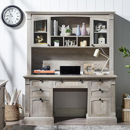 OKD 60" Executive Desk with Hutch and Drawers, Farmhouse Home Office Desk with Charging Station, Keyboard Tray, File Cabinet Storage, Wood Computer Desk for Work and Study, Light Rustic Oak