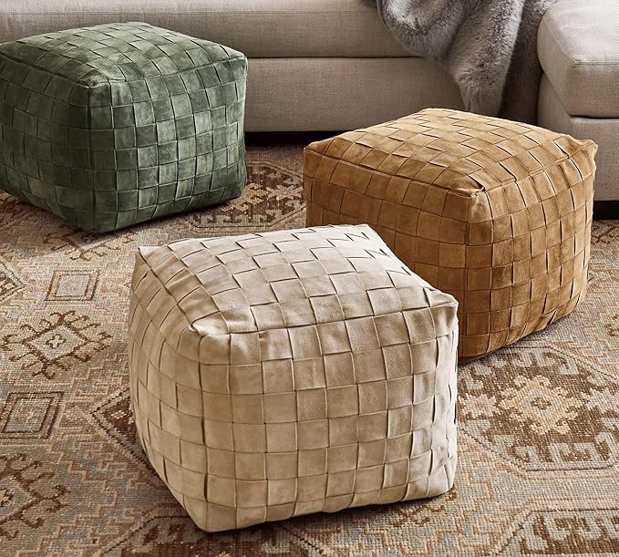 Luxury Handcrafted Suede Basketweave Pouf Ottoman – Soft & Durable Floor Cushion, Footrest, and Accent Seating for Living Room, Bedroom, & Office – Stylish Modern Home Décor (Hunter, 18" x 18" x 14")