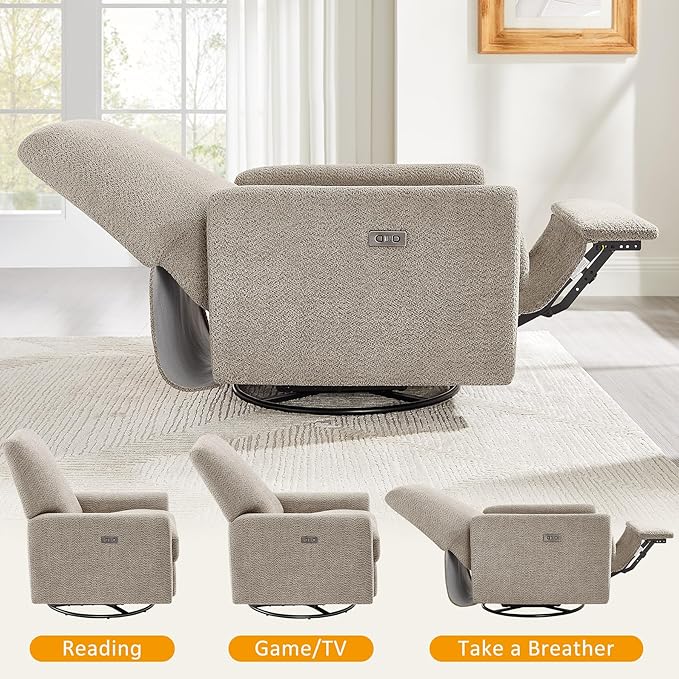 VANOMi Power Swivel Glider Recliner Chair, Electric Nursery Rocker Recliner Chair, USB & Type-C Charger, Warm Camel Boucle