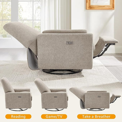 VANOMi Power Swivel Glider Recliner Chair, Electric Nursery Rocker Recliner Chair, USB & Type-C Charger, Warm Camel Boucle