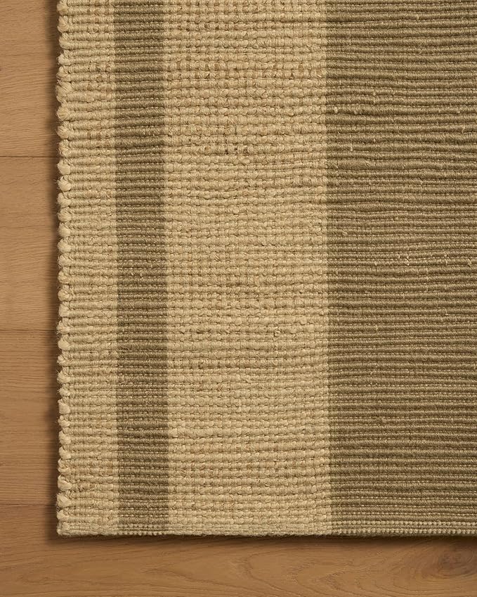 Loloi Leanne Ford Weatherstaff Collection WTS-03 Natural/Olive 2'-6" x 7'-6" Runner Rug Jute, Striped, Neutral, Hallway, Kitchen, Mudroom, and Bathroom