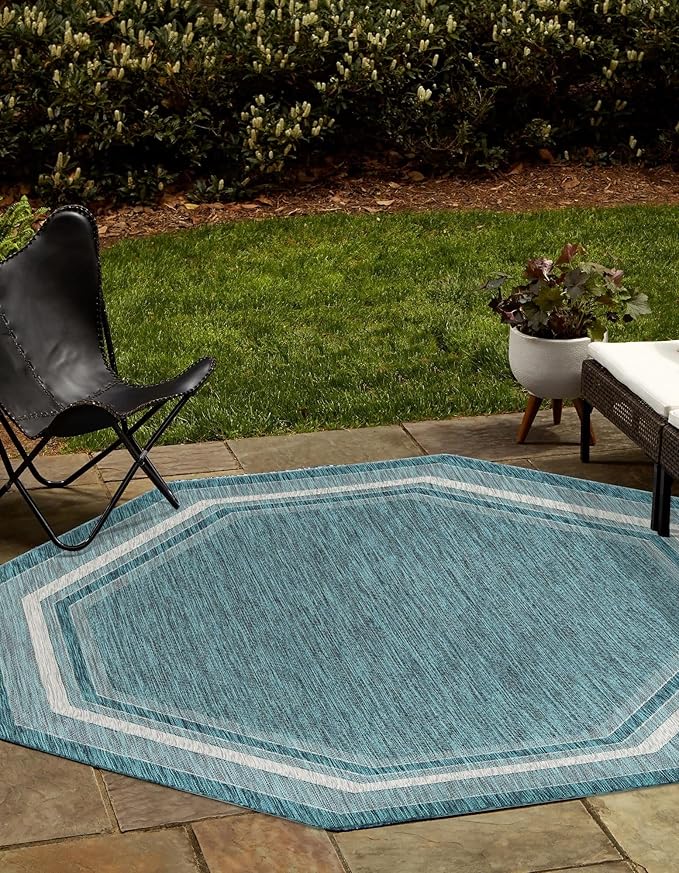 Unique Loom Outdoor Border Collection Area Rug - Soft Border (7' 10" Octagon, Teal/ Ivory)