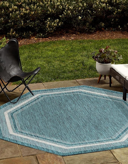 Unique Loom Outdoor Border Collection Area Rug - Soft Border (7' 10" Octagon, Teal/ Ivory)