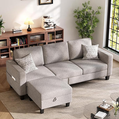Sectional Sofa and Couches for Living Room, 78'' Brown 3 Seat L-Shaped Couch with Movable Ottoman, Comfy Linen Convertible Sectionals Sofas with Chaise for Apartment, Office, Small Space