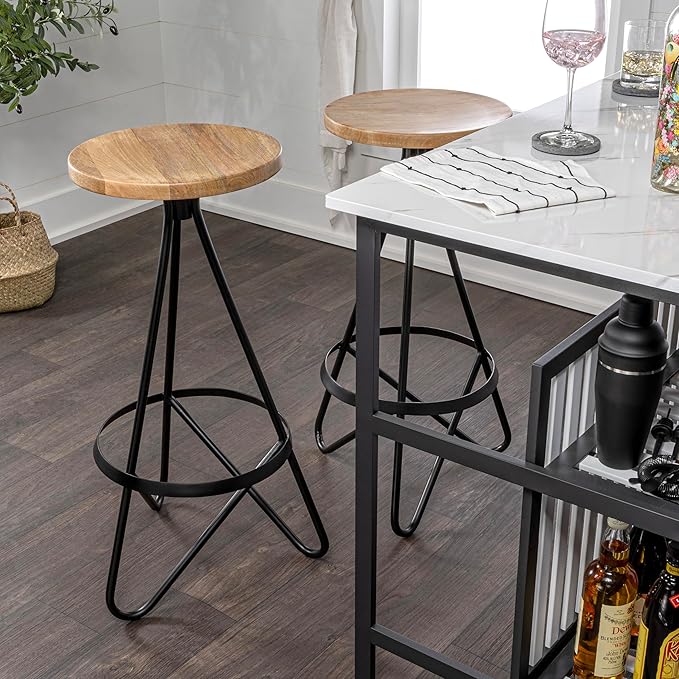 JONATHAN Y BSL1000E Spiroa 30" Modern Industrial Metal/Wood Backless Circular Bar Stool for Home, Kitchen, Dining Room, Workspaces, Cafes and Resturants, Natural Wood Seat with Black Frame