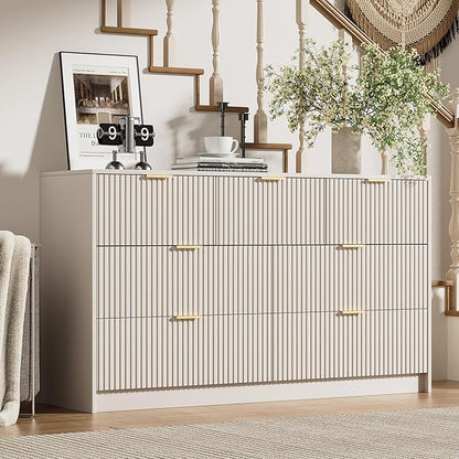 Beige Dresser for Bedroom, Modern Dresser with 7 Drawers and Smooth Slides, Wide Chest of Drawers with Golden Handles for Bedroom, Living Room, Closet, 15.7" D x 55.1" W x 31.4" H