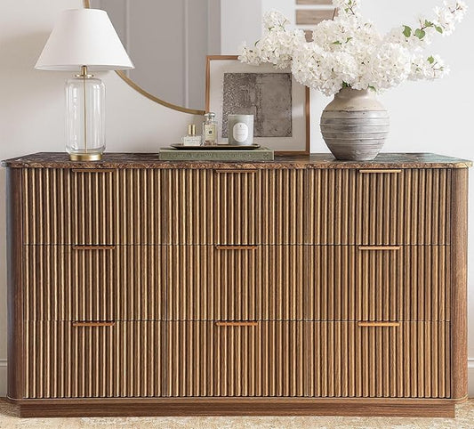 win2win 9 Drawer Dresser, Mid Century Modern Dresser with Storage, 55" Wide Fluted Chest of Drawers with Faux Marble Top, Dressers TV Stand, Drawers Organizer for Bedroom, Living Room, Hallway Walnut