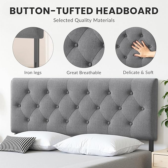 Tufted Upholstered Headboard Queen Size, Solid Wood Head Board with Durable Metal Legs, Linen Fabric Padded Headboard, Adjustable Height from 37” to 51”, Modern Button Design Head Board, Grey