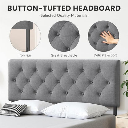 Tufted Upholstered Headboard Queen Size, Solid Wood Head Board with Durable Metal Legs, Linen Fabric Padded Headboard, Adjustable Height from 37” to 51”, Modern Button Design Head Board, Grey