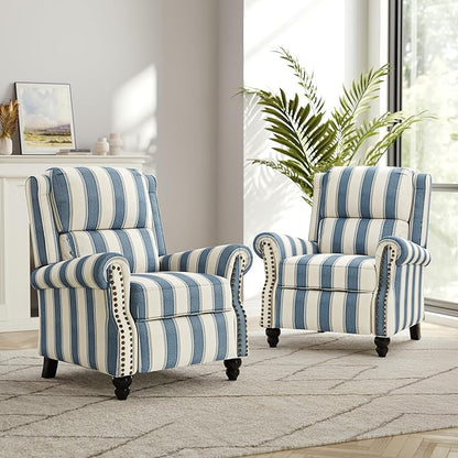 Recliner Chair, Modern Pushback Armchair with Adjustable Backrest & Footrest for Bedroom, Living Room -Navy Blue Stripe,Set of 1