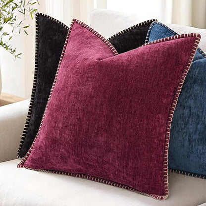 decorUhome Christmas Chenille Soft Throw Pillow Covers 26x26 Set of 2, Farmhouse Velvet Neutral Decorative Euro Pillow Covers with Stitched Edge for Couch Sofa Bed Home Decor, Rhododendron