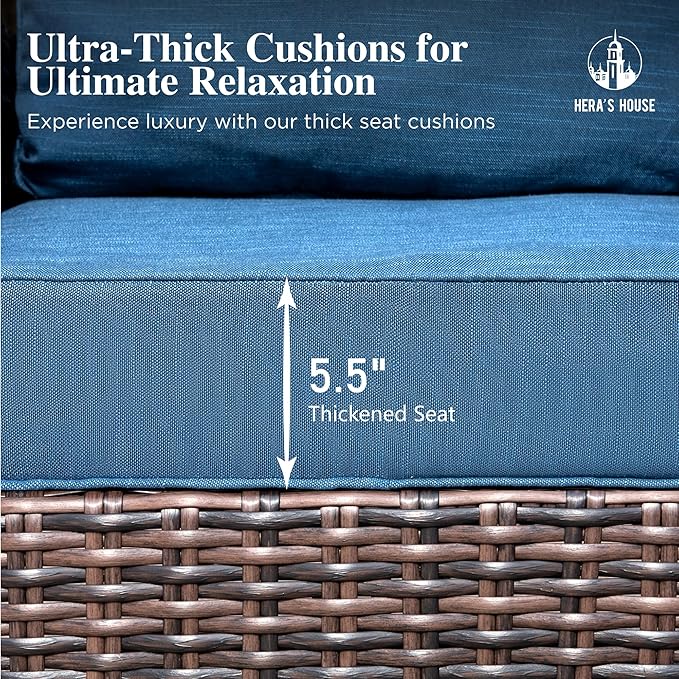HERA'S HOUSE Oversized Patio Wicker Chairs, High Back Outdoor Swivel Chairs Set of 2 with Rattan Side Table, 5.5" Thick Cushions, 3-Piece Patio Furniture Sets for Deck Porch Pool, Brown/Blue