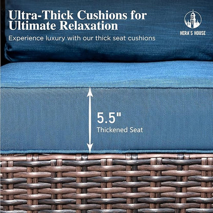 HERA'S HOUSE Oversized Patio Wicker Chairs, High Back Outdoor Swivel Chairs Set of 2 with Rattan Side Table, 5.5" Thick Cushions, 3-Piece Patio Furniture Sets for Deck Porch Pool, Brown/Blue