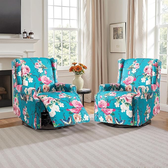 Lumibee Recliner Chairs Set of 2, 360° Swivel Rocker Recliner Chair with Footrest High Back, Comfy Upholstered Glider Rocking Chair for Living Room Bedroom (Peacock Blue)