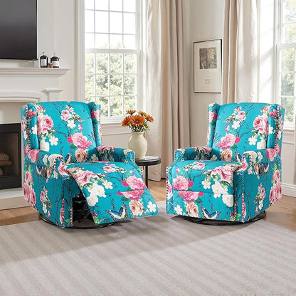 Lumibee Recliner Chairs Set of 2, 360° Swivel Rocker Recliner Chair with Footrest High Back, Comfy Upholstered Glider Rocking Chair for Living Room Bedroom (Peacock Blue)
