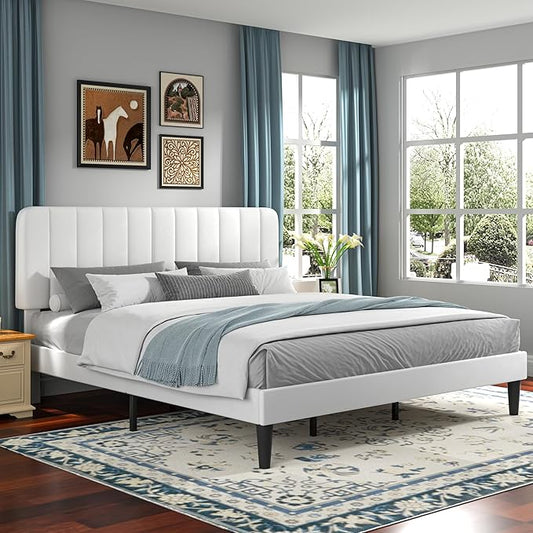VECELO King Size Bed Frame with Upholstered Headboard, Velvet Platform Bedframe Mattress Foundation, Strong Wood Slat Support, No Box Spring Needed,White