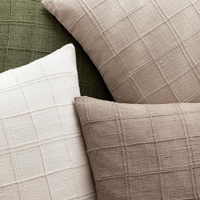Foindtower Set of 2 Decorative Linen Check Throw Pillow Covers Neutral Farmhouse Lumbar Cushion Covers Modern Boho Home Decor for Sofa Chair Couch Bedroom Living Room,12×20 Inch,Tan Taupe