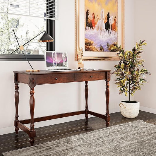 Solid Wood Computer Writing Desk with 2 Big Drawers 46.1" Wide Home Office Desk Workstation Big Rustic Study Table Furniture in Cherry for Home Office Bedroom Living Room, BSZ-1533WD