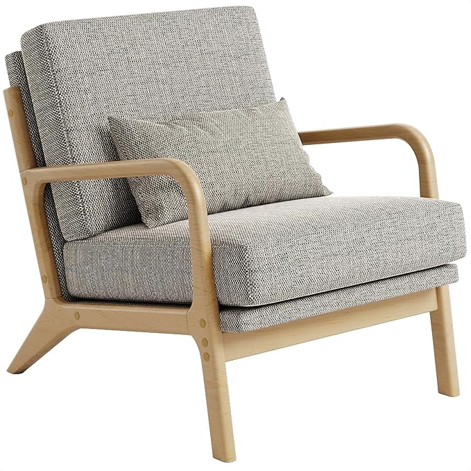 Claiks Mid-Century Modern Accent Chair, Living Room Armchair with Solid Wood Frame & Lumbar Pillow, Comfy Upholstered Lounge Chair for Bedroom, Office, Linen-Like Fabric, Dark Gray
