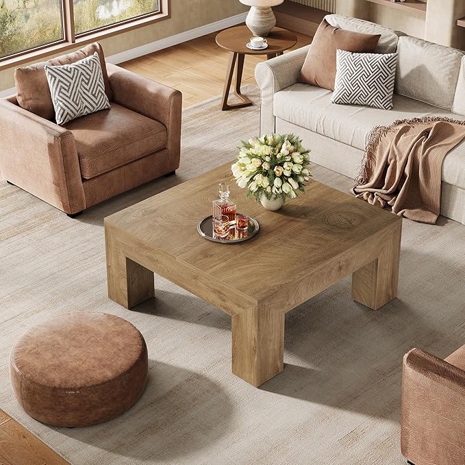 Tribesigns 39.4-Inch Square Coffee Table for Living Room, Farmhouse All MDF Center Cocktail Tea Table with Sturdy Wooden Legs, Easy Assembly, Yellow Brown