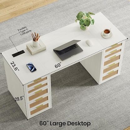 WOPITUES 60" Boho Home Office Desk with 10 Wooden Drawers, Rattan Computer Writing Desk with Power Outlets, Large Executive Desk with Storage Cabinet for Work Study Writing Craft, Wood-Grain White